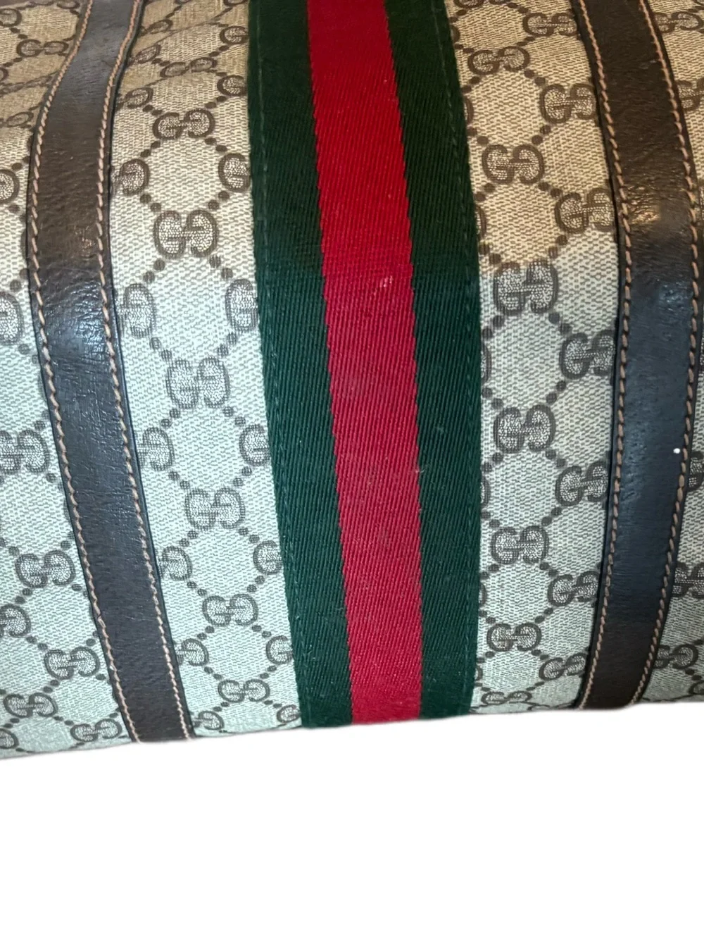 Gucci Brown GG Supreme Satchel with Green & Red Web Stripe